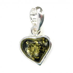 925 Sterling Silver Green Amber Cute 3D Heart Pendant