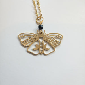 Luna Moth Pendant with Black Onyx on 18" Gold Plated Chain