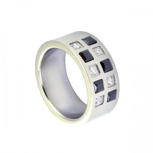 316L Stainless Steel Wide Ring with Black & Clear Diamantés