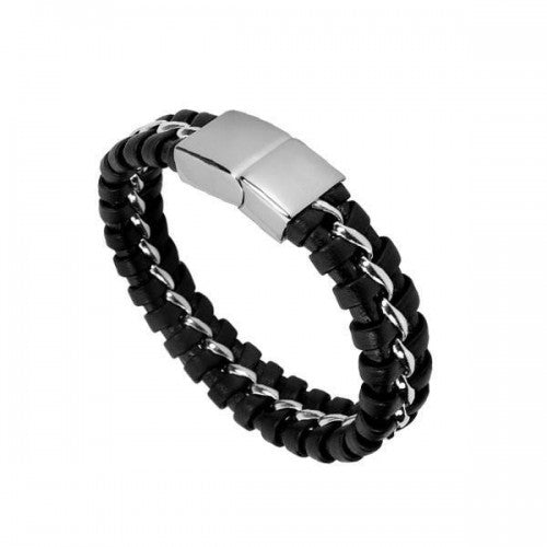 Black Leather Double Strap Bracelet with Stainless Steel Wire