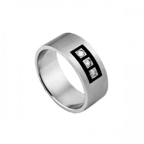 316L Stainless Steel Ring with Triple Set Diamantés in Black Rectangle