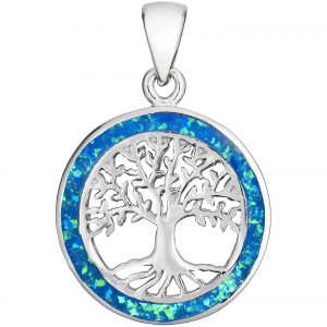 925 Sterling Silver Blue Opal Large Tree of Life Pendant