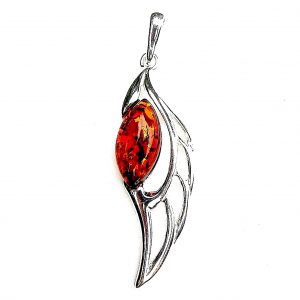 925 Sterling Silver Angel Wing Pendant With Amber Marquise Cabochon