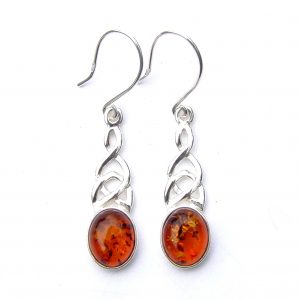 925 Sterling Silver Long Celtic Knot Oval Amber Earrings With Sterling Silver Hooks