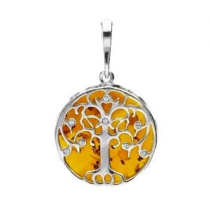 925 Sterling Silver Stunning Medium Amber & Diamanté Tree of Life Pendant