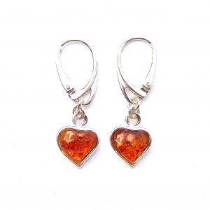 925 Sterling Silver Heart Shaped Amber Earrings With Sterling Silver Hinged Hooks