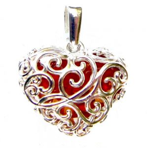 925 Sterling Silver Heart Shaped Filigree Cage Pendant With Tumbled Amber Chips Inside