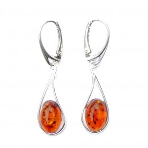 925 Sterling Silver Long Wonky Teardrop Outline Oval Amber Earrings With Sterling Silver Hinged Hooks