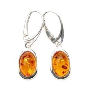 925 Sterling Silver Oval Amber Earrings With Flat Sided Oval Setting & Sterling Silver Hinged Hooks
