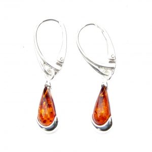 925 Sterling Silver Long Teardrop Amber Earrings With Sterling Silver Moon Setting & Hinged Hooks