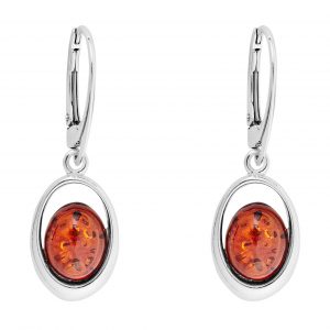 925 Sterling Silver Outline Oval Amber Earrings With Sterling Silver Hinged Hooks