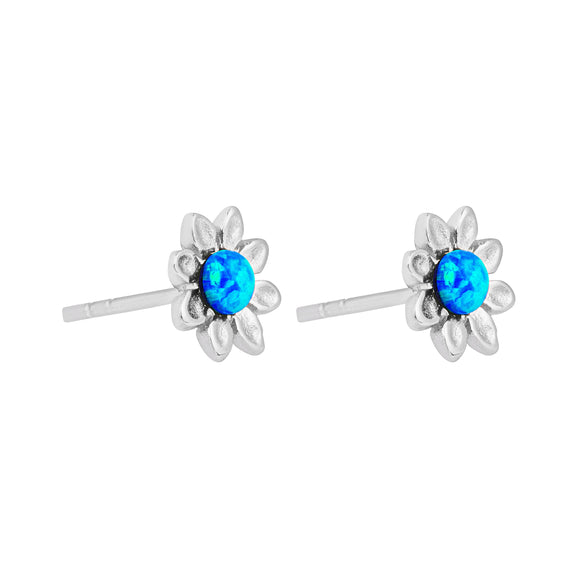 925 Sterling Silver Blue Opal Daisy Studs Earrings