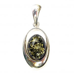 925 Sterling Silver Large Oval Green Amber Pendant