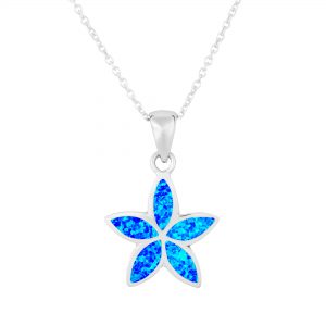 925 Sterling Silver Blue Opal 5 Pointed Petal Flower Pendant