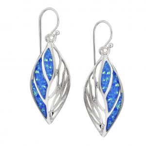 Boucles d'oreilles feuille X-Large en argent sterling 925 avec opale bleue sur crochets en argent sterling