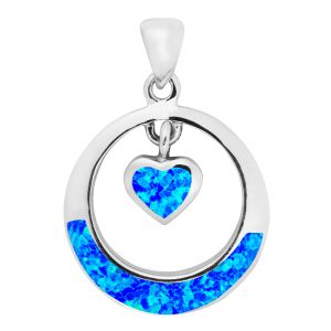 925 Sterling Silver Blue Opal Large Round Pendant With Hanging Blue Opal Heart
