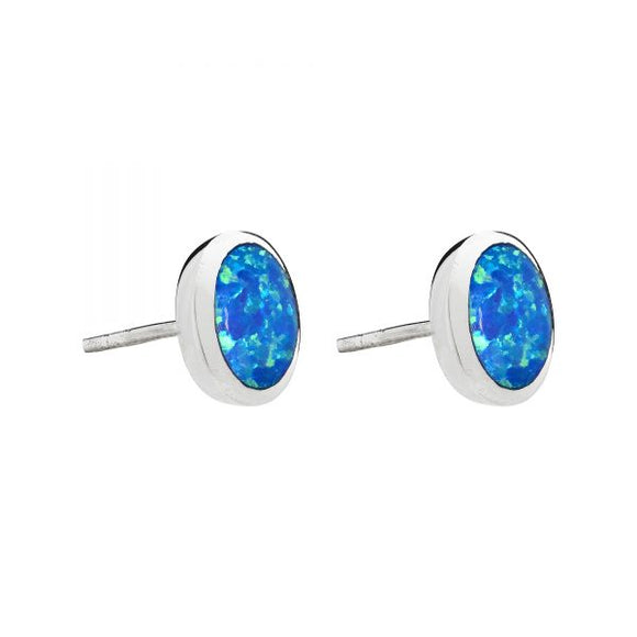 925 Sterling Silver Blue Opal Medium Round Stud Earrings