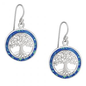 925 Sterling Silver Blue Opal Tree of Life Earrings on Sterling Silver Hooks