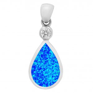 925 Sterling Silver Blue Opal & Diamanté Large Teardrop Pendant