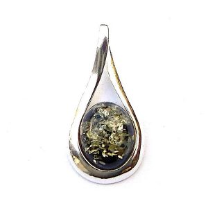 925 Sterling Silver Teardrop Pendant with Oval Green Amber Cabochon