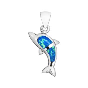 925 Sterling Silver Blue Opal Dolphin Pendant