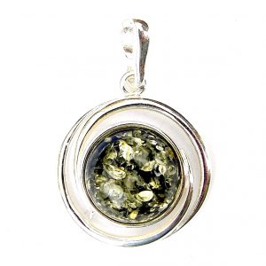 925 Sterling Silver Swirling Circle Pendant with Round Green Amber Cabochon