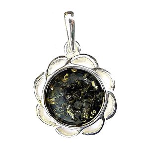 925 Sterling Silver Flower Pendant with Round Green Amber Cabochon