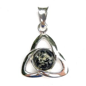 925 Sterling Silver Triquetra with Round Green Amber Cabochon Pendant