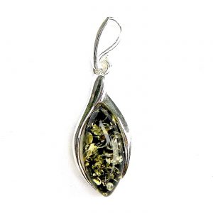 925 Sterling Silver Marquise Green Amber Pendant