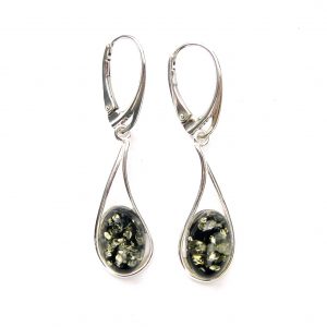 925 Sterling Silver Long Wonky Teardrop Outline Oval Green Amber Earrings With Sterling Silver Hinged Hooks