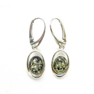 925 Sterling Silver Outline Oval Green Amber Earrings With Sterling Silver Hinged Hooks