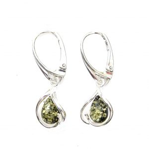 925 Sterling Silver Abstract Green Amber Teardrop With Sterling Silver Hinged Hooks