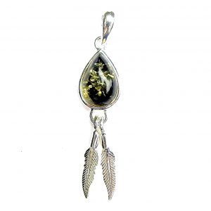 925 Sterling Silver Long Teardrop Green Amber Pendant with Two Little Feathers