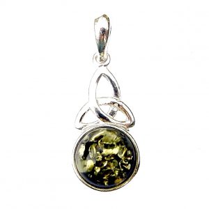 925 Sterling Silver Triquetra with Round Green Amber Cabochon Pendant