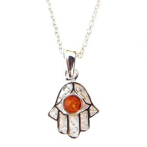 925 Sterling Silver Small Hand of Fatima Pendant With Tiny Round Amber Cabochon on 18" Sterling Silver 1mm Cable Chain