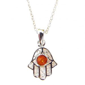 925 Sterling Silver Small Hand of Fatima Pendant With Tiny Round Amber Cabochon on 18