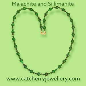 24" Malachite and Sillimanite Green Gemstone Necklace