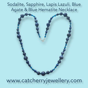 24" Sodalite, Lapis Lazuli, Blue Agate, Blue Hematite, Sapphire Gemstone Necklace