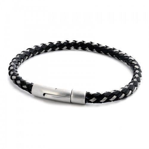 Bracelet en cuir tressé noir et fil d'acier inoxydable 316L