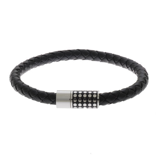 Black plaited leather and 316L stainless steel bracelet with magnetic clasp with spotted black detail