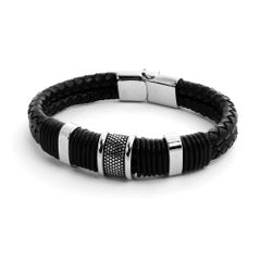 Black Leather Double Strap Bracelet with Stainless Steel Beads and Leather Wrapping