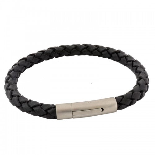Black plaited leather and 316L stainless steel bracelet