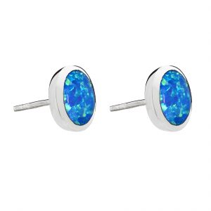 925 Sterling Silver Blue Opal Large Round Stud Earrings