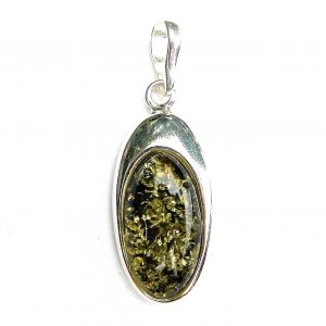 925 Sterling Silver Large Oval Green Amber Pendant
