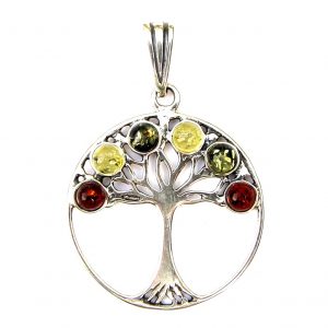 925 Sterling Silver X-Large Round Tree of Life Mixed Amber Pendant