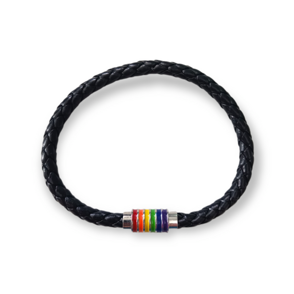 Black plaited leather and 316L stainless steel bracelet with magnetic clasp with rainbow detail
