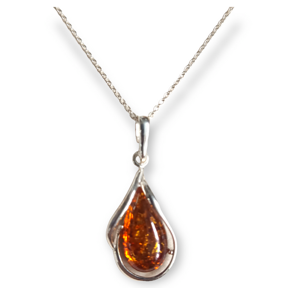 925 Sterling Silver Medium Abstract Wire Setting With Teardrop Amber Cabochon Pendant