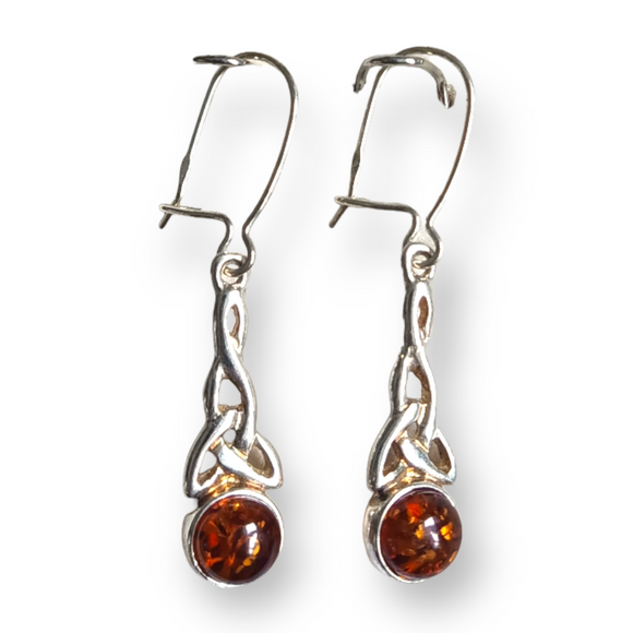 925 Sterling Silver Medium Celtic Knot With Round Amber Cabochon Earrings With Sterling Silver Clipping Hooks