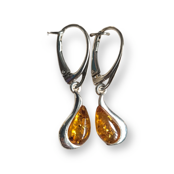 925 Sterling Silver Wave With Teardrop Amber Cabochon Earrings With Sterling Silver Hinged Hooks