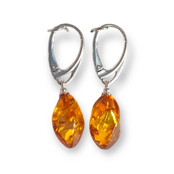 925 Sterling Silver Twisted Shaped Amber Earrings With Sterling Silver Hinged Hooks